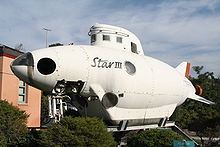Star III submersible on display outside Scripps Institution of Oceanography. The white vessel has the appearance of short, fat cigar.
