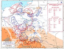 A Map showing the dispositions of the opposing forces on 31 August 1939 with the German plan of attack overlayed in pink.